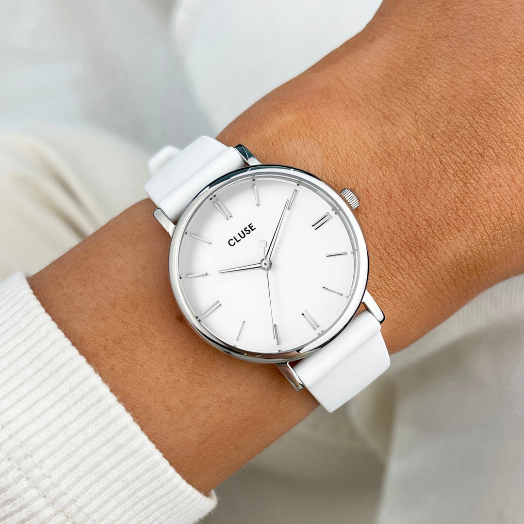 CLUSE Pavane Petite Silicone White, Silver Colour CW11401 - watch on wrist